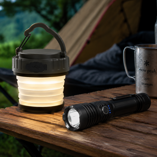 DeltaBattery Combo: Linterna LED con USB + Lámpara plegable para acampar